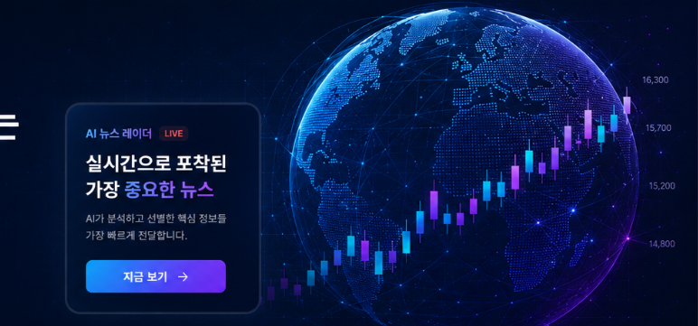 글로벌 시장과 캔들 차트가 결합된 AI 뉴스 레이더 이미지